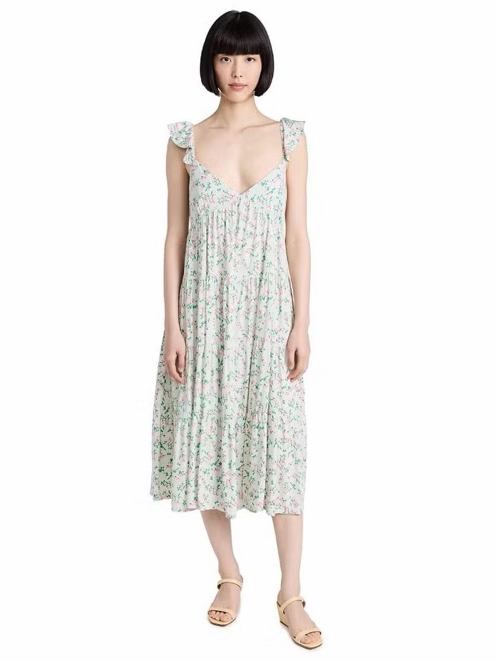 039. Spell Floral Cream Dress with Pink and Green Print